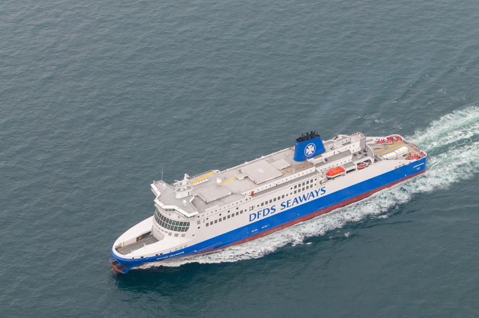 Aerial view of the DFDS Seaways ferry crossing the Channel from Calais to Dover.