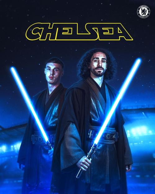 Illustration of two Chelsea Football Club players dressed as Jedi, holding blue lightsabers, against a Star Wars-themed background with the Chelsea logo and a "CHELSEA" title in Star Wars font.