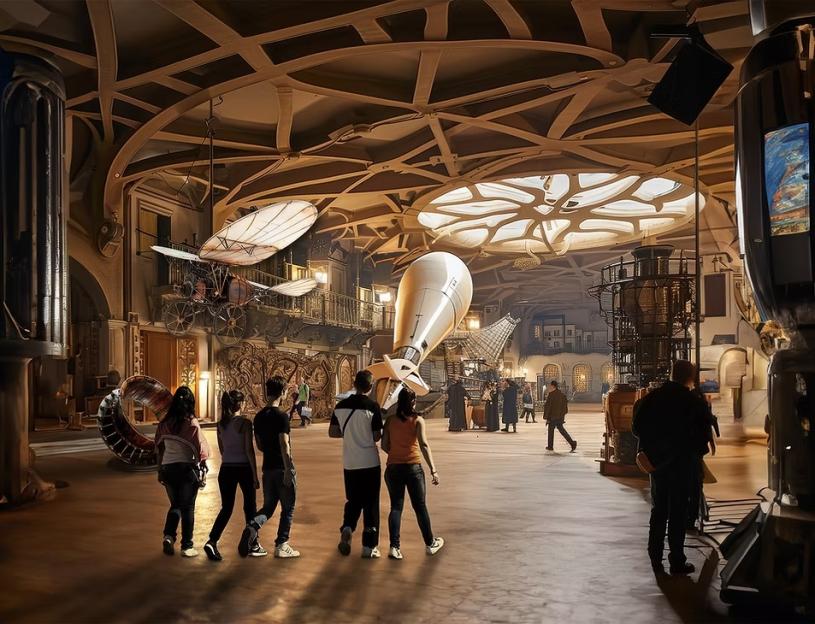 Illustration of a large, steampunk-inspired museum hall with various contraptions and exhibits, including a flying machine and a large metal dirigible, with several people walking through it.