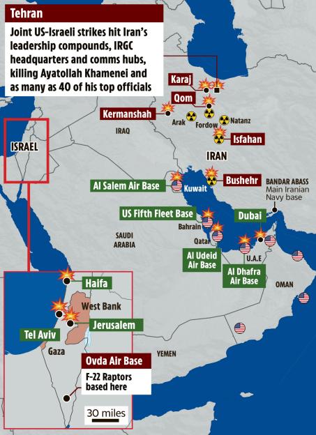 Illustration of a map showing potential US-Israeli strike locations in Iran, with US military bases in the region.