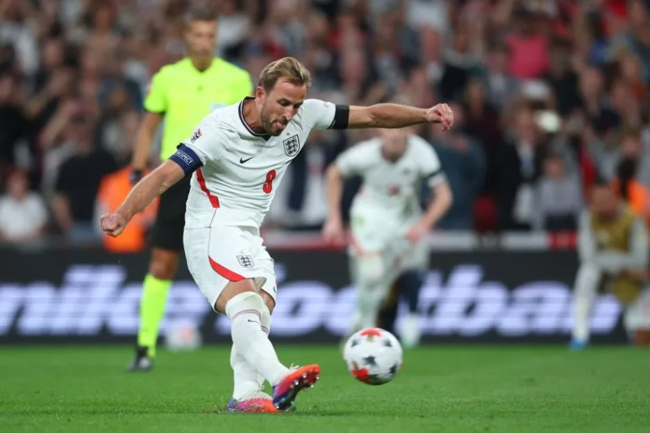 Harry Kane kicking a football during the England v Spain UEFA Nations League 2026/27 Group A3 MD1 match.