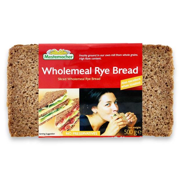 Mestemacher Wholemeal Rye Bread packaging with images of sandwiches and a woman eating.
