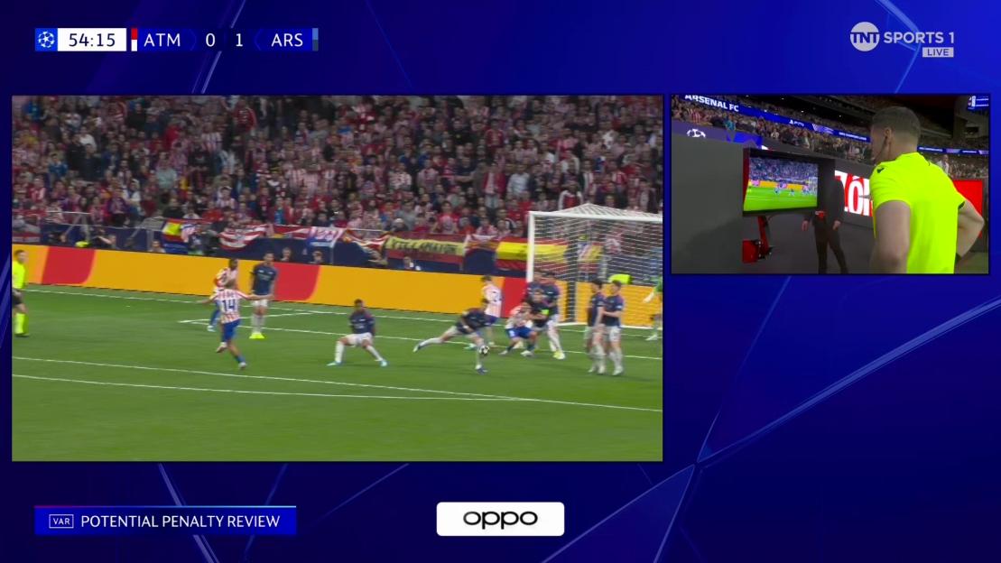 A split screen of a soccer match in progress with the score ATM 0 - 1 ARS, and a VAR official reviewing a potential penalty on a monitor.