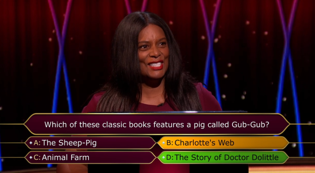 A woman on a game show with the question: "Which of these classic books features a pig called Gub-Gub?" and the correct answer selected as "D: The Story of Doctor Dolittle".