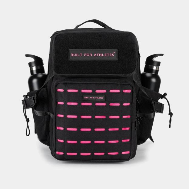 Black and pink gym backpack with two water bottles in side pockets.