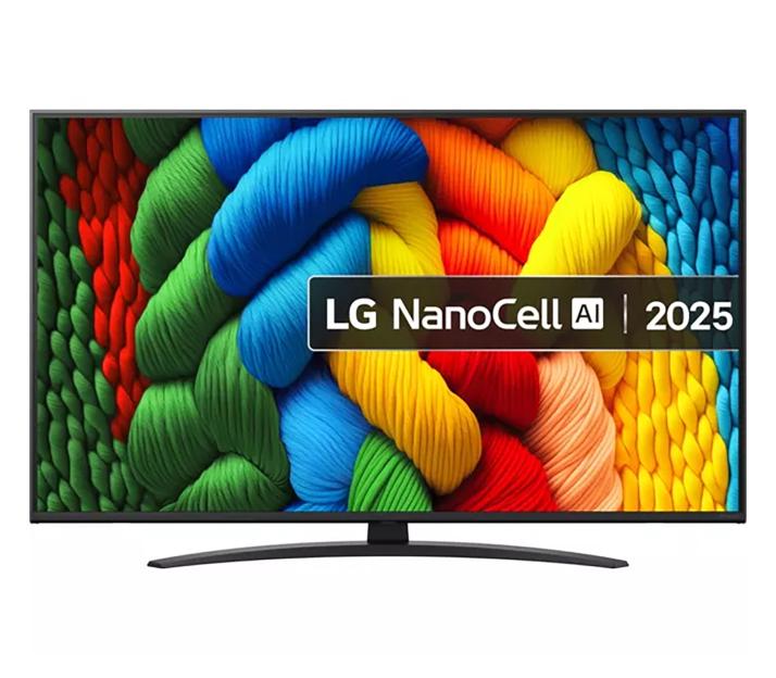 A TV displaying colorful yarn and the text "LG NanoCell AI | 2025".