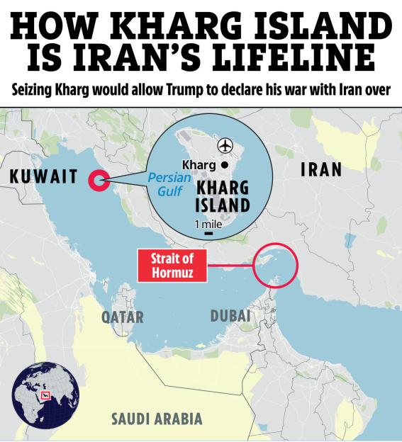 Illustration of a map of the Persian Gulf region highlighting Kharg Island and the Strait of Hormuz.