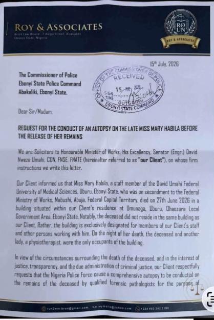 Mary Habila's Passing: Umahi's Legal Team Urges Police to Conduct Autopsy