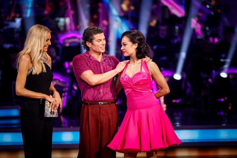 Lewis Cope and Katya Jones with host Tess Daly after their elimination from Strictly Come Dancing.