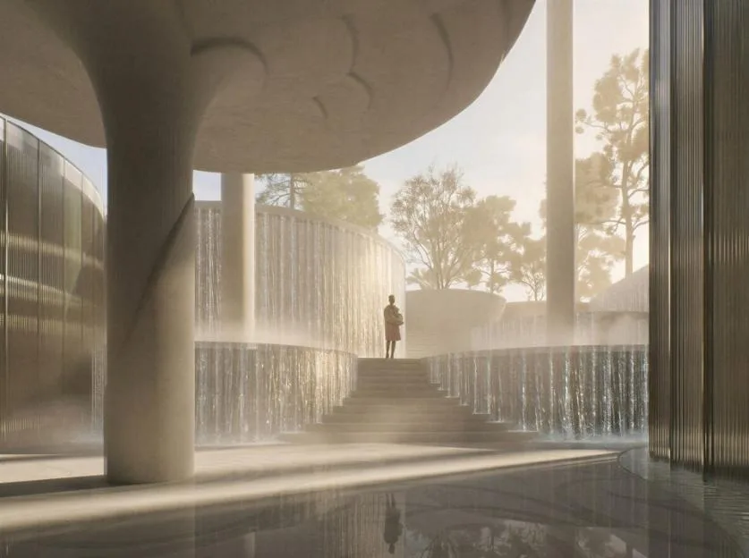 Illustration of the interior of the proposed Tirana Fountain Plaza, showing a person standing on steps surrounded by curved walls of water features and slender columns.