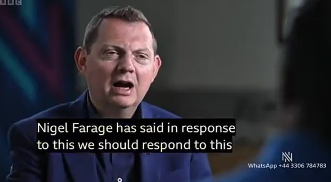 Nigel Farage speaking with a caption on screen stating: "Nigel Farage has said in response to this we should respond to this".