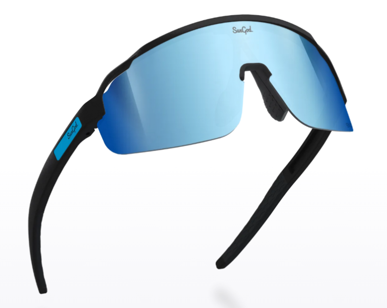 Sungod sunglasses with black frames and blue reflective lenses.