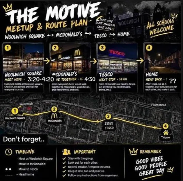 Social media graphic outlining a meetup and route plan for teenagers in Woolwich, detailing stops at Woolwich Square, McDonald's, and Tesco.
