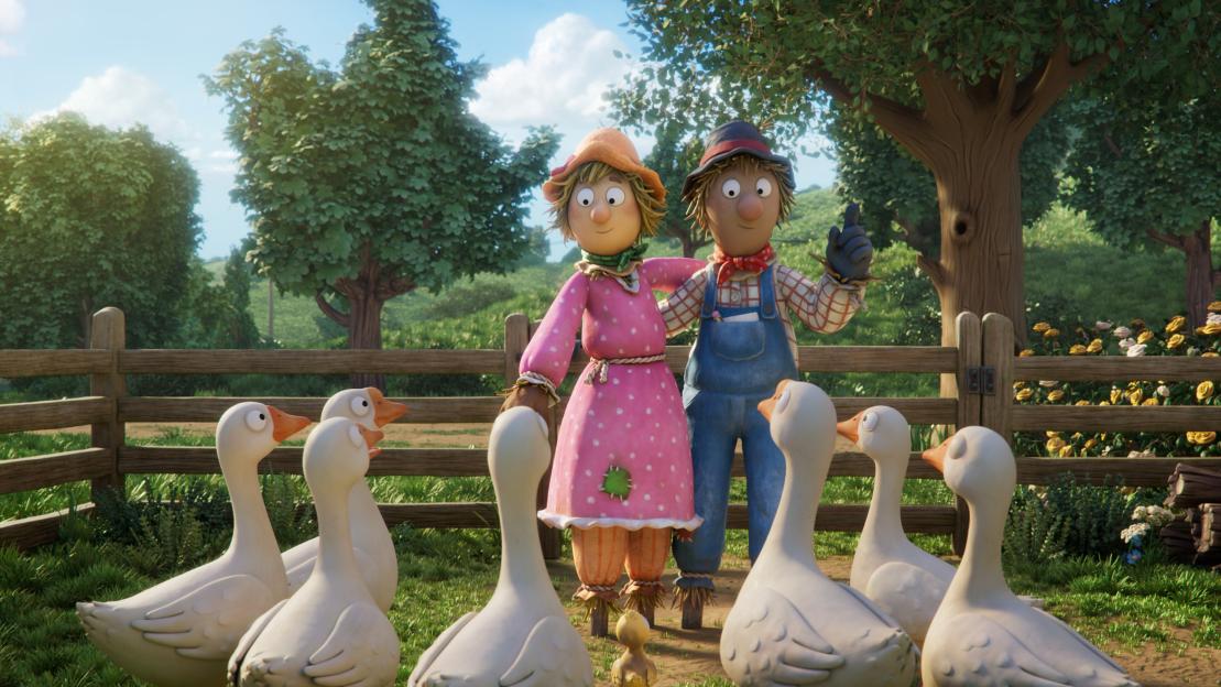 Illustration of Harry O'Hay and Betty O'Barley from "The Scarecrow's Wedding" surrounded by geese.