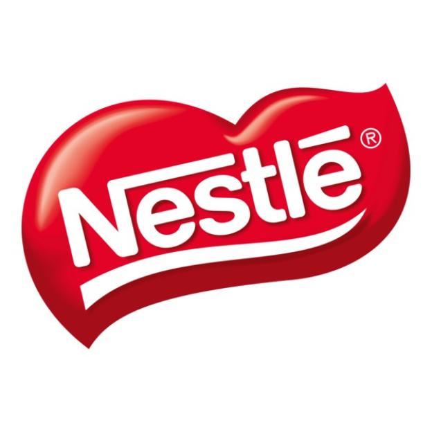 The Nestle logo, featuring "Nestle" in white capital letters on a shiny red, rounded background.