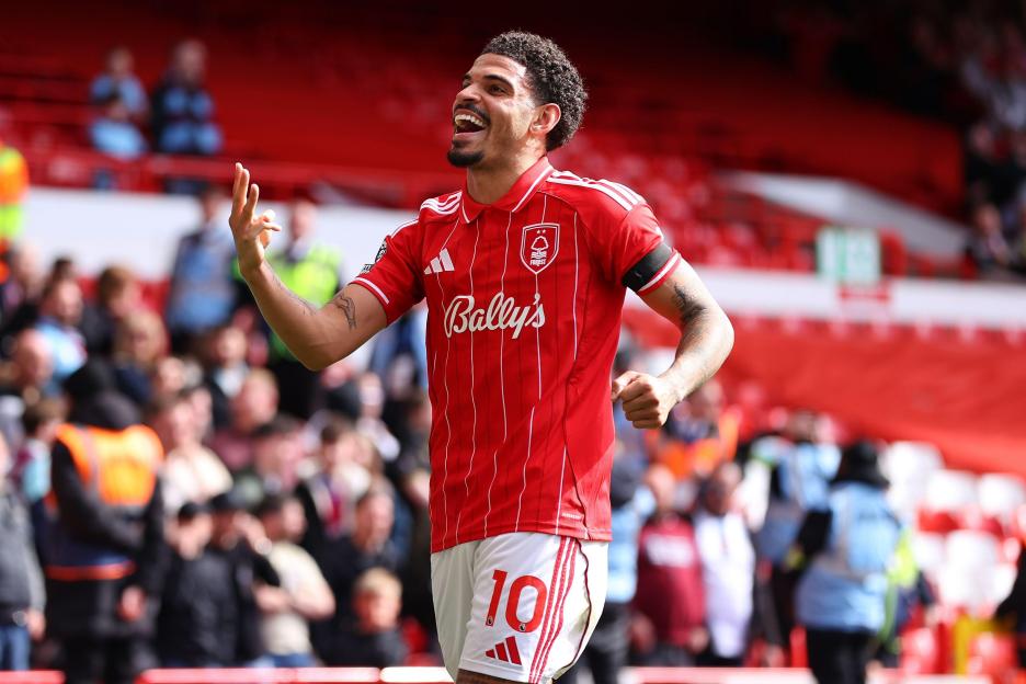 Morgan Gibbs-White of Nottingham Forest holds up 3 fingers while celebrating his third goal making it 3-1 to Nottingham Forest during the Nottingham Forest v Burnley Premier League match at the City Ground, West Bridgford, England on 19 April 2026 C