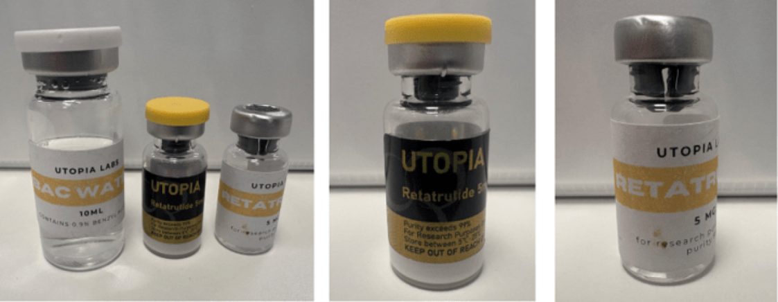 Examples of unapproved peptide products linked to liver toxicity, including a bottle labeled "BAC WATER" and two bottles labeled "Retatrutide 5mg".