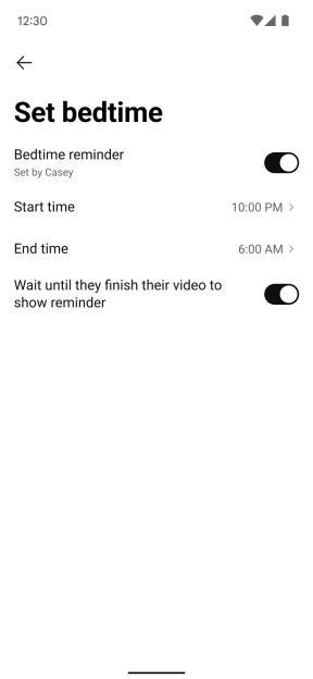 A phone screen displaying the "Set bedtime" options, including bedtime reminder toggle, start and end times, and an option to wait until video finishes before showing a reminder.