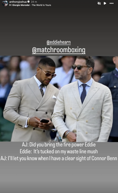 Anthony Joshua and Eddie Hearn in suits and sunglasses, with a text overlay of their humorous conversation.