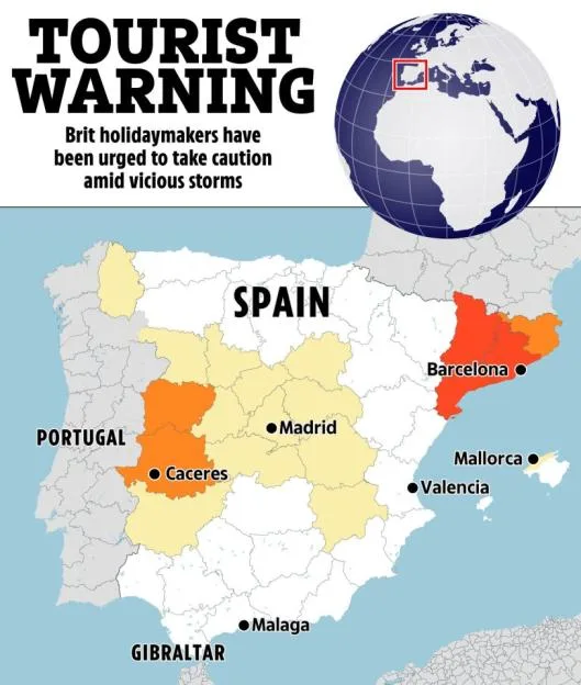 Illustration of a weather warning map of Spain, highlighting regions affected by storms in orange and yellow.