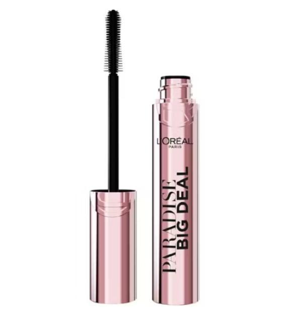 L'Oréal Paris Paradise Big Deal mascara in a rose gold tube with the brush out.