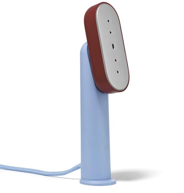 A red and silver garment steamer with a light blue handle and power cord.