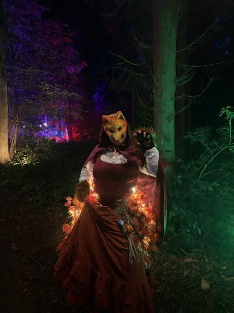 A person in a fox mask, red cloak, and red dress with illuminated autumn leaves, posing in a forest at night with colorful lights.