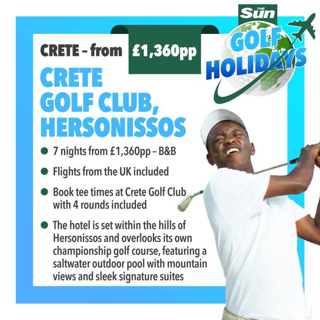 Illustration for Crete Golf Club, Hersonissos, with a photo of a golfer in the foreground, and details of a golf holiday package.