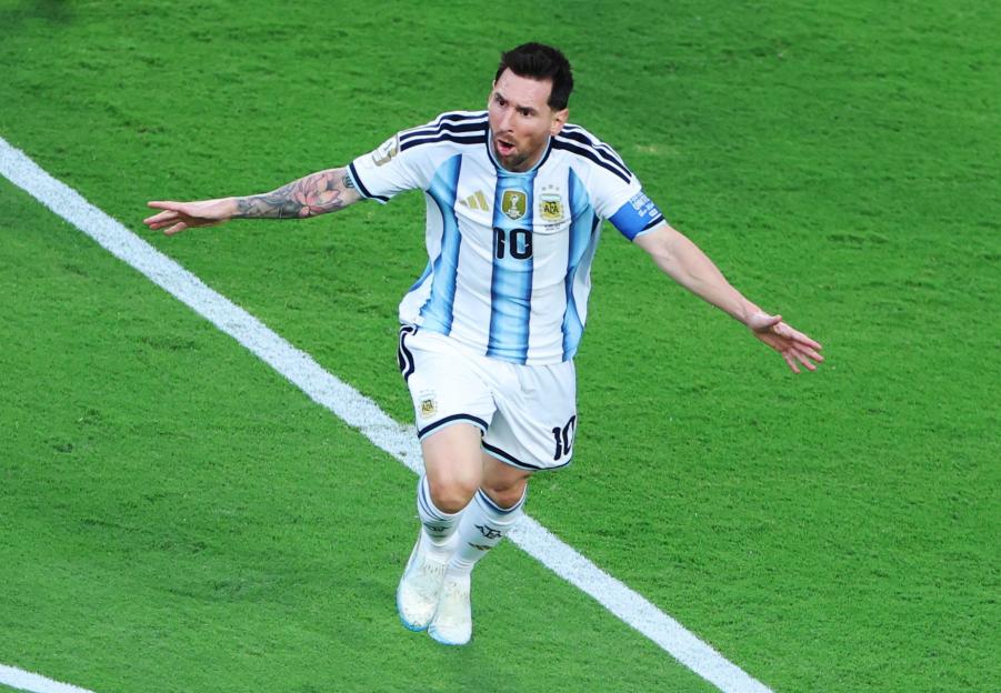 Lionel Messi of Argentina celebrates during the FIFA World Cup 2026 match against Algeria.