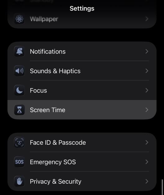 Screenshot of iPhone settings, highlighting "Screen Time".