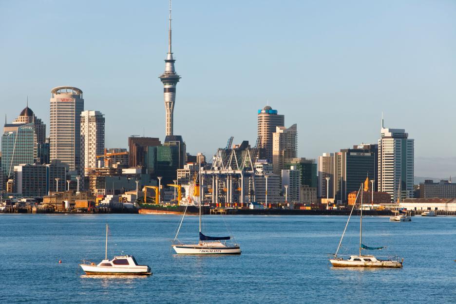 Yachts on Waitemata Harbour with the Auckland city skyline and port beyond.