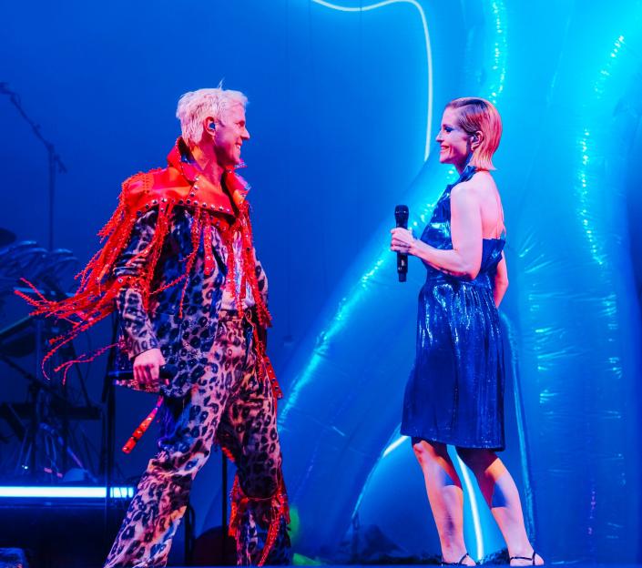Jake Shears, Kelly Osbourne, and Amber Martin performing at the Mighty Hoopla.