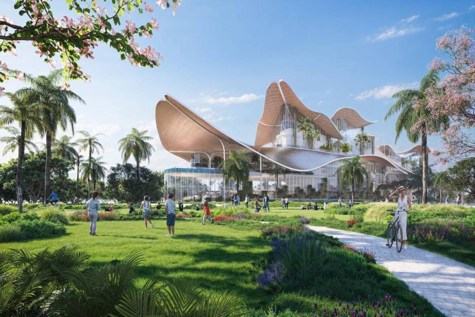 Illustration of Therme Singapore's wellness sanctuary with thermal pools, art, and coastal nature, featuring people relaxing and walking in a green park.