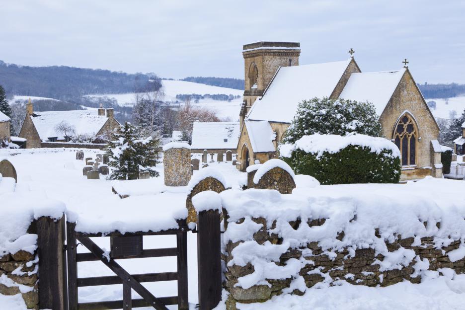 Winter snow in the Cotswold village of Snowshill