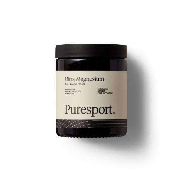 A jar of Puresport Ultra Magnesium food supplement, containing 90 capsules and weighing 225g.