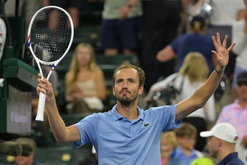 Tennis player Daniil Medvedev waves to the crowd at the BNP Paribas Open.