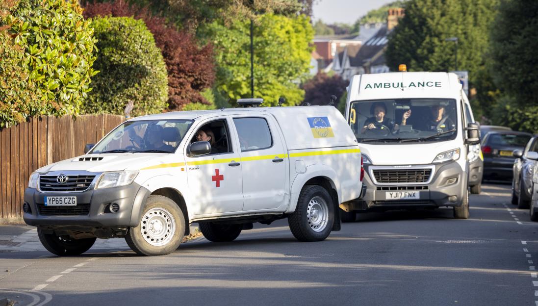 A white truck and a white ambulance, both with a yellow stripe, are driving on a sunny street lined with trees and houses.