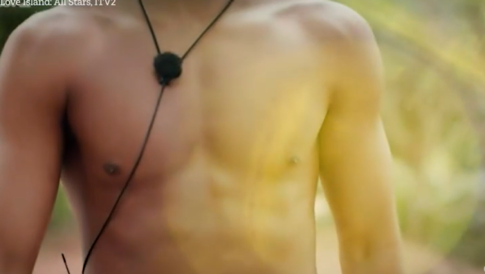 A man’s torso with a microphone clipped to a black cord around his neck.