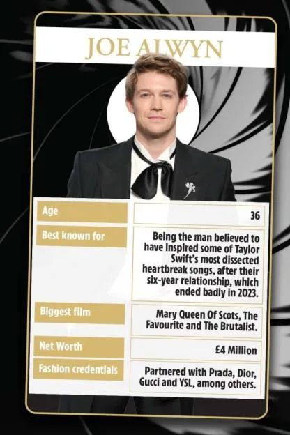 An infographic profile of Joe Alwyn featuring his photo, age, best-known work, biggest film, net worth, and fashion credentials.