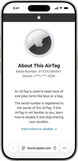 An iPhone screen displays details about an unknown AirTag, including its serial number and owner, with instructions on how to disable it.
