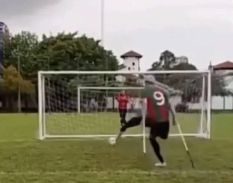 Moment amputee football match descends into huge fight as players whack each other with crutches