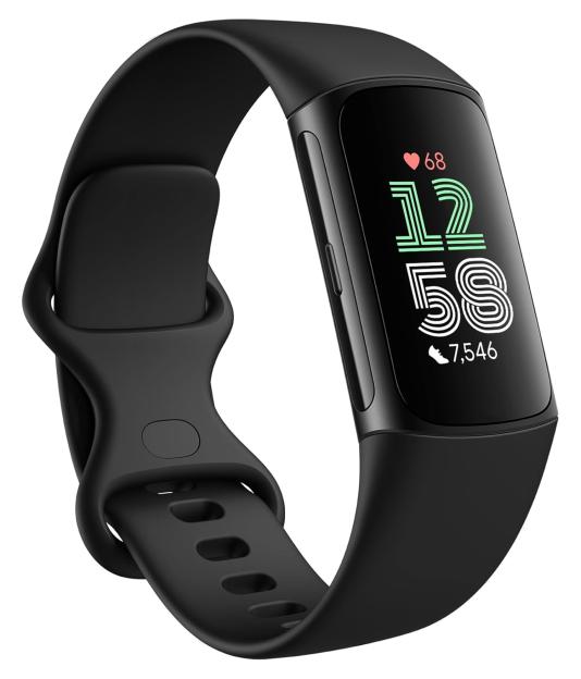 Black fitness tracker with time, heart rate, and step count displayed.