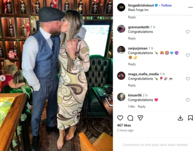 Conor McGregor kissing a woman in a bar, with an Instagram interface showing congratulations comments.