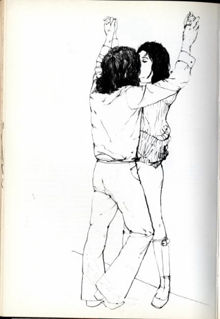 Illustration of a couple kissing passionately while holding hands above their heads.