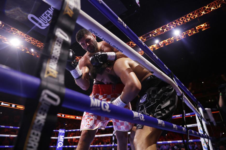 Filip Hrgovic lands a punch on Moses Itauma during the vacant IBF World Heavyweight title bout.