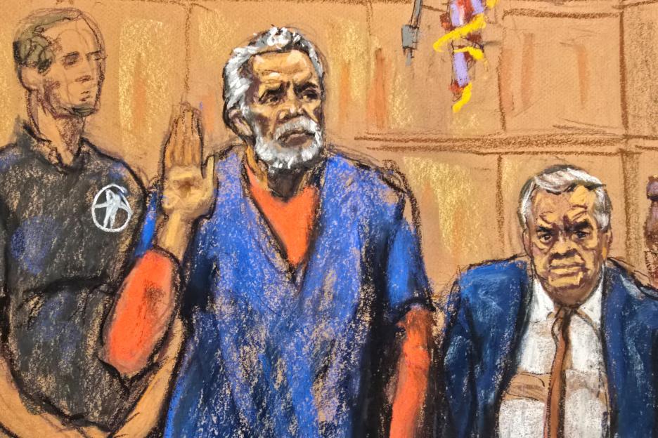 Illustration of Ismael "El Mayo" Zambada raising his hand in court.