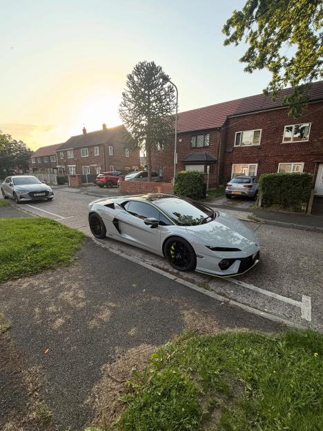 A light grey sports car parked on a suburban street in front of brick houses.