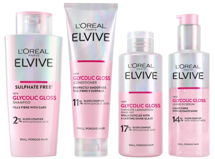 L'Oréal Elvive Glycolic Gloss hair care set including shampoo, conditioner, 5-minute lamination rinse-off, and leave-in serum.
