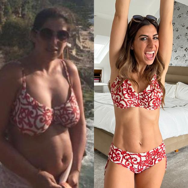 Collage of before and after images of Racheal Sacerdoti in a red and white bikini.