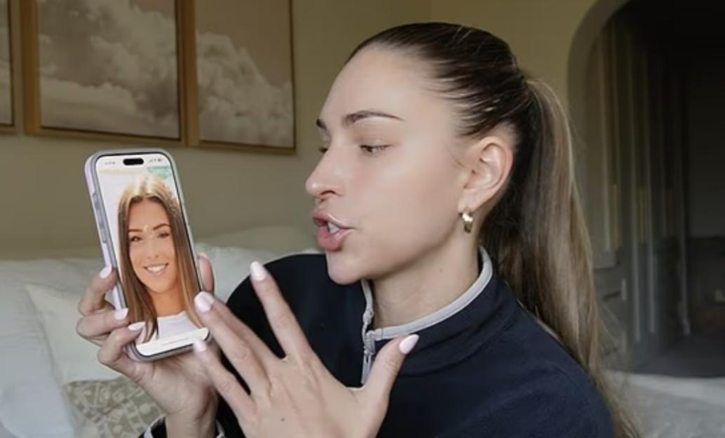 Zara McDermott holding a phone displaying a younger picture of herself.